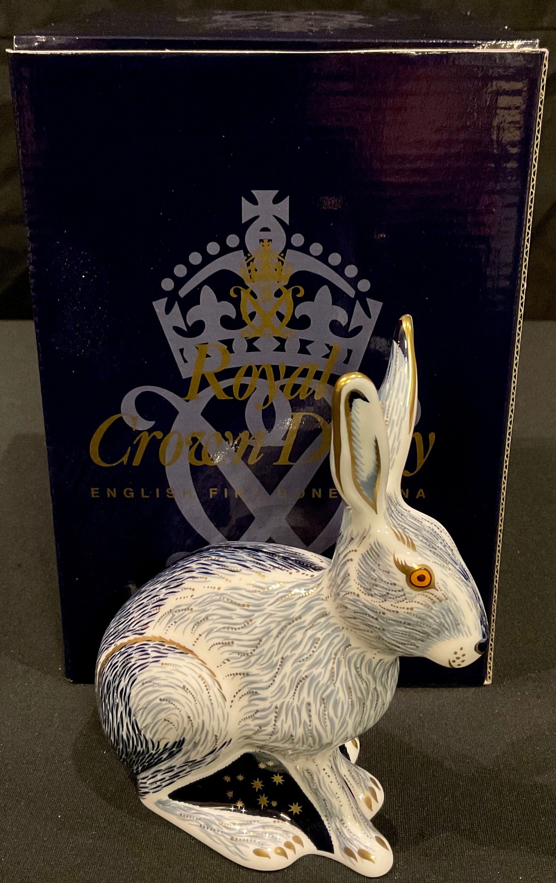 A Royal Crown Derby paperweight, Starlight Hare, Collector's Guild exclusive, gold stopper, boxed