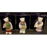 A Royal Crown Derby Teddy Bear model, Cook Bear, 9cm, printed mark, boxed; two others, DIY Bear