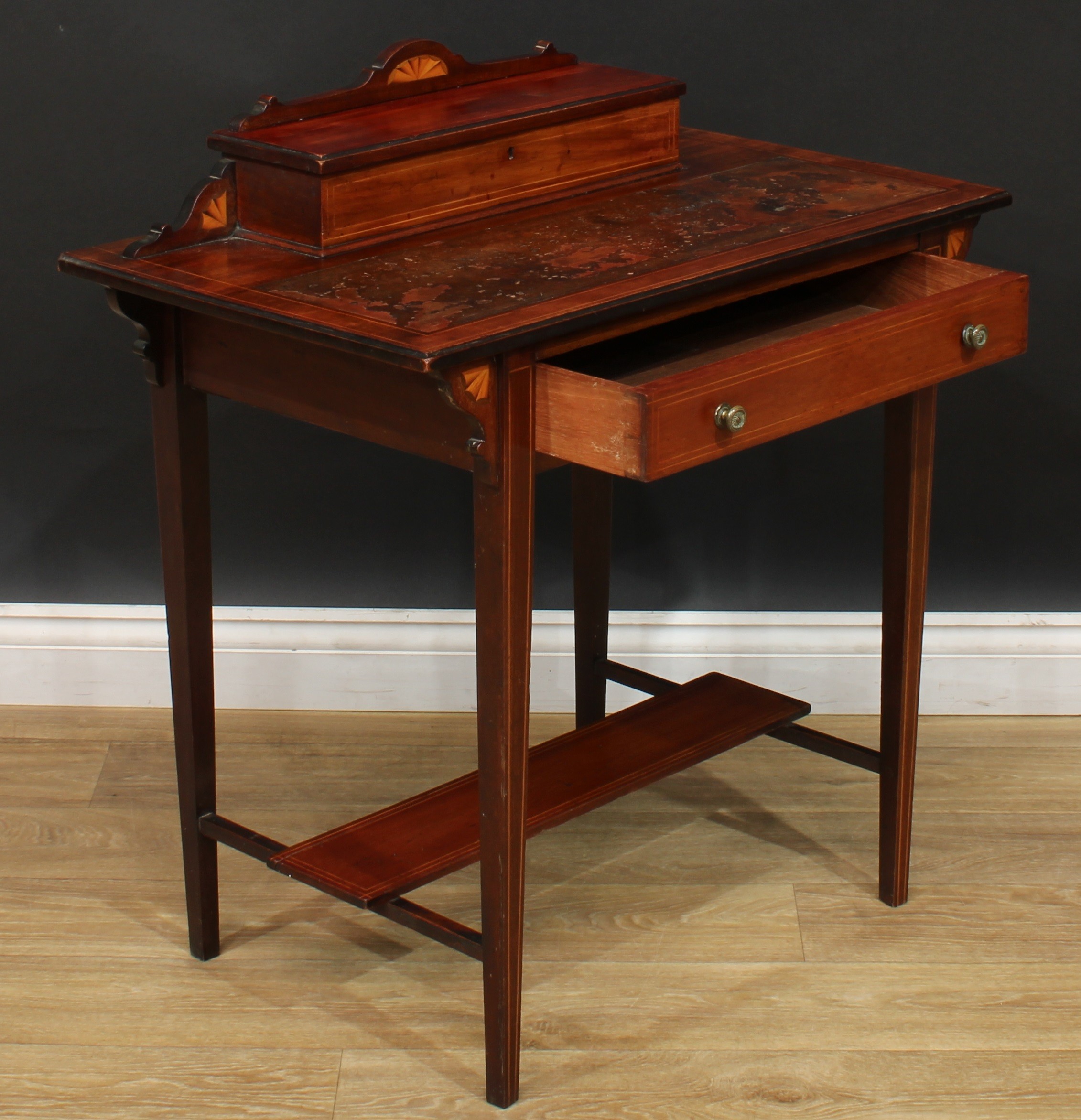 An Edwardian mahogany and marquetry desk, 82cm high, 76cm wide, 44.5cm deep, c.1905 - Image 4 of 4