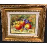A rectangular porcelain plaque painted by T G Abbotts, signed, Ripe Fruit and Berries on a Mossy