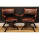 A pair of Italian Renaissance Revival Dantesca or Savonarola X-frame chairs, stuffed-over upholstery