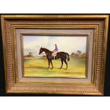 A rectangular porcelain plaque painted by T G Abbotts, signed, Raceday Winner, 19th century style