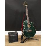 An Ozark electro-acoustic guitar, 3382G, marbled in green, mother-of-pearl inlay, soft case; a B.B