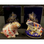 A Royal Crown Derby paperweight, Beaver, gold stopper, boxed; another, Frog, gold stopper, boxed (2)