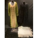 Textiles - an Edwardian silk shawl; another, black embroidered shawl; an Indian caftan gown; etc (4)