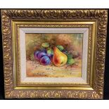 A rectangular porcelain plaque painted by T G Abbotts, signed, Ripe Fruit and Berries on a Mossy