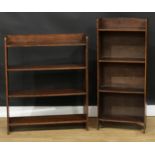 An early 20th century oak open bookcase, 91cm high, 77cm wide; another, 107cm high, 45cm wide (2)