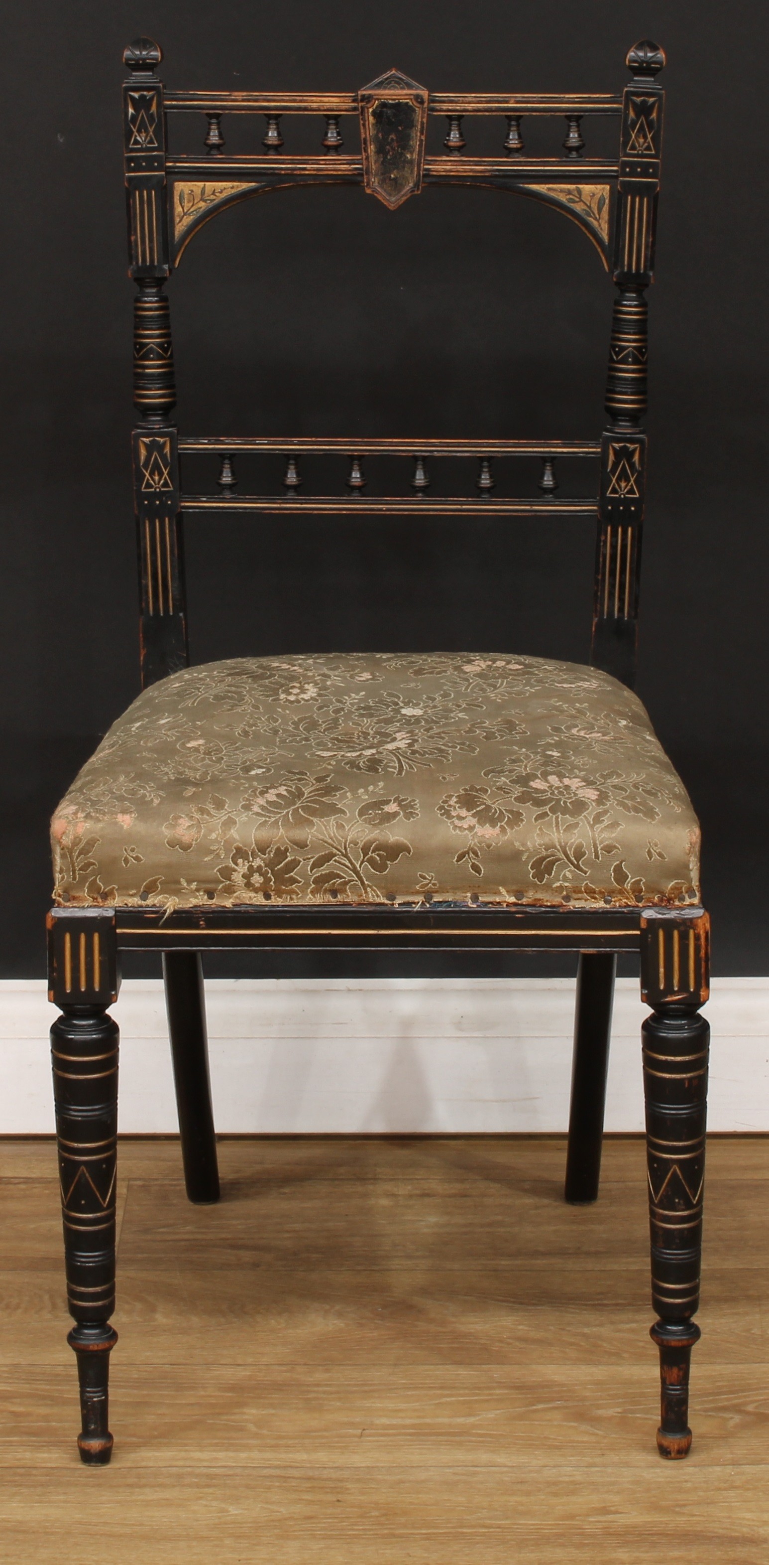 A late Victorian ebonised, parcel-gilt and painted side chair, 86cm high, 41cm wide, the seat 37cm