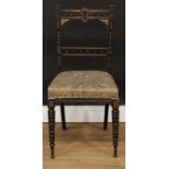 A late Victorian ebonised, parcel-gilt and painted side chair, 86cm high, 41cm wide, the seat 37cm