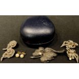 A pair of 9ct gold cultured pearl earrings, boxed; a marcasite leaf brooch; two pairs of marcasite