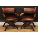 A pair of Italian Renaissance Revival Dantesca or Savonarola X-frame chairs, stuffed-over upholstery