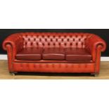 An office reception Chesterfield sofa, deep-button back, squab cushions, 76.5cm high, 207cm wide,