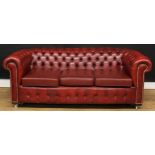 An office reception Chesterfield sofa, deep-button back, squab cushions, 74cm high, 200cm wide,