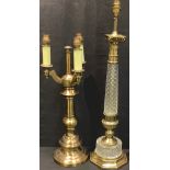 A large brass and glass Corinthian column table lamp, 72cm high; another, three branch brass table