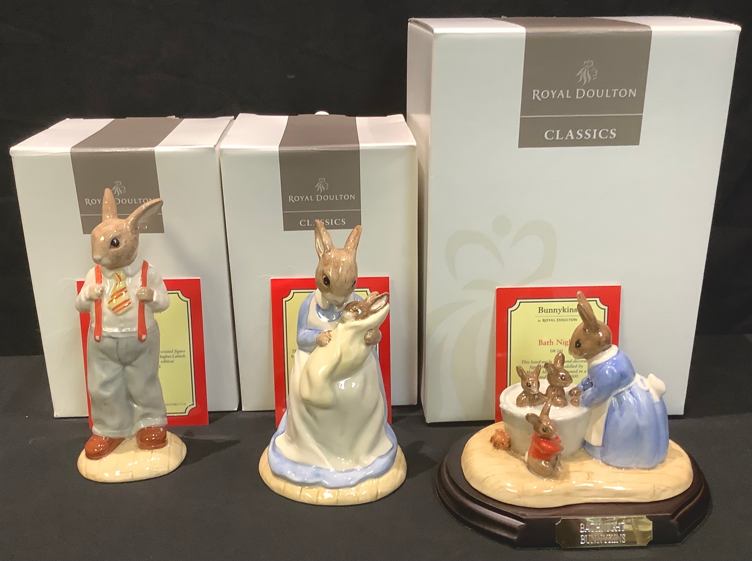 A Royal Doulton Bunnykins model, Bath Night, DB241, oval stand, certificate, boxed; two others,