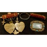 A Victorian mizpah brooch; a filigree brooch; two goldstone brooches; a turquoise ring