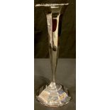 A late Edwardian silver trumpet shaped octagonal posy vase, hollow filled, Birmingham 1910, 32cm