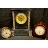 A French black slate and marble mantel clock, brass dial, ivorine chapter ring with Arabic numerals,