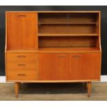 A retro mid-20th century teak side cabinet, the superstructure with a fall front door flanked by