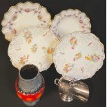 A Royal Crown Derby Royal Antoinette pattern dinner plate and soup dish; a West German Lava vase;