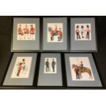 A set of six gouache paintings, each depicting 18th and 19th century military uniforms including 1st