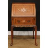 A George I Revival painted and parcel-gilt bureau, of small proportions, fall front painted with