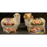 A pair of Royal Crown Derby paperweights, Imari Ram and Imari Ewe, Visitor's Centre exclusives, gold
