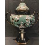 A Victorian Staffordshire shaped hexagonal pedestal samovar, two handled, metal tap, painted with