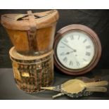 A Victorian leather hat box; another, tin; a 19th century school or station clock, later movement;