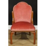 An Art Deco walnut and parquetry cloud back side chair, stuffed-over upholstery, square legs, 81cm