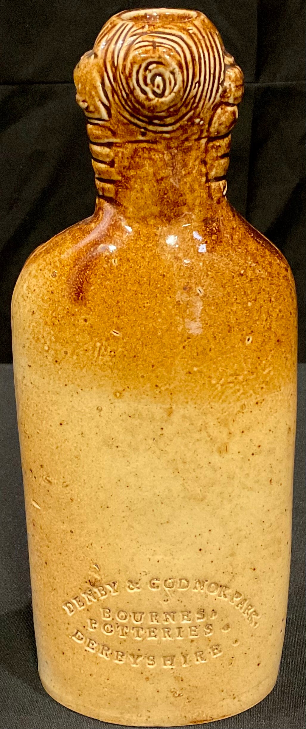 A Bourne Denby salt glazed stoneware Queen Reform flask, 21cm, impressed marks, Denby & Codnor Park, - Image 2 of 3