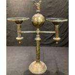 A large Empire design two branch brass table lamp, 73cm high