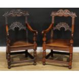 A pair of 17th century style oak Derbyshire armchairs, of Charles II design, 102.5cm high, 56cm