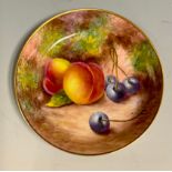 A Royal Worcester circular saucer, painted by Maybury, with ripe peaches and blue berries on a mossy