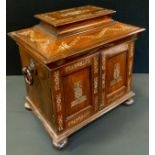 A Victorian rosewood and mother-of-pearl jewellery box, stepped pagoda top, above two doors, the