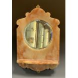 A 19th century alabaster mirror, oval bevelled pane, shaped cresting, with single shelf, 52cm