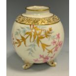 A Worcester globular vase, decorated with butterflies and leafy branches, pierced rim, scroll