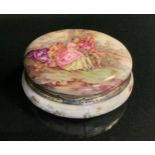 A 19th century Austrian silver and enamelled oval box, the cover with a lady playing the flute, a