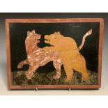 A pietra dura rectangular plaque, inlaid with bear attacking a tiger, 20cm x 28cm