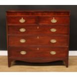 A George III mahogany chest, rectangular top above a flame veneered frieze outlined with boxwood and