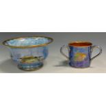 A Daisy Makeig Jones for Wedgwood lustre sugar bowl, decorated with fish on mottled blue ground,
