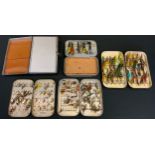 Fly Fishing Boxes - A Harrods London black painted rounded rectangular fly tin; others, J Forrest,