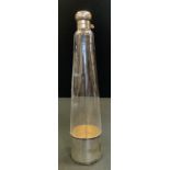 A late Victorian/Edwardian E.P.N.S mounted conical hunting flask, hinged domed bayonet cover,