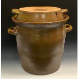 A large 19th century German stoneware sauerkraut pickling jar, two carrying handles, serving dish