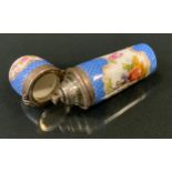 A French silver and enamel cylindrical scent bottle, painted in polychrome with a courting couple,