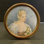 English School. 19th century, a portrait miniature, of a young lady, rose chaplet in her hair, 6cm