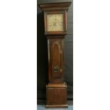 A 18th oak longcase clock, the 29cm brass dial, with silvered chapter rings, Roman numerals,