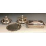 An E.P.N.S shaped oval biscuit/wafer box, hinged cover,ribbon tied reeded rim, paw feet, 24cm