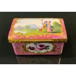 An 19th century rectangular box, possibly Bilston, the cover with couple and sheep, within gilt