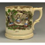 A Victorian Staffordshire Frog mug, transfer printed with a girl in a swing, printed in black,